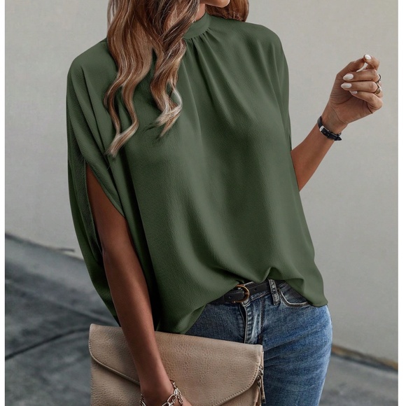 Army Green Blouse Top Flowy, High Neck - Picture 1 of 11